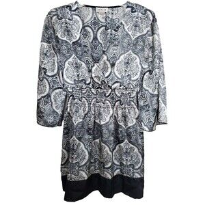 MKM Designs Black/Beige Paisley Smocked Waist 3/4 Sleeve Surplice Blouse Sz Med